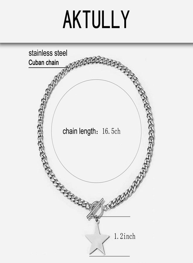 Aktully Silver Star Choker Necklace for Women - Stainless Steel Cuban Link With Toggle Clasp, Dainty Handmade Pendant Jewelry (Silver) - Image 4